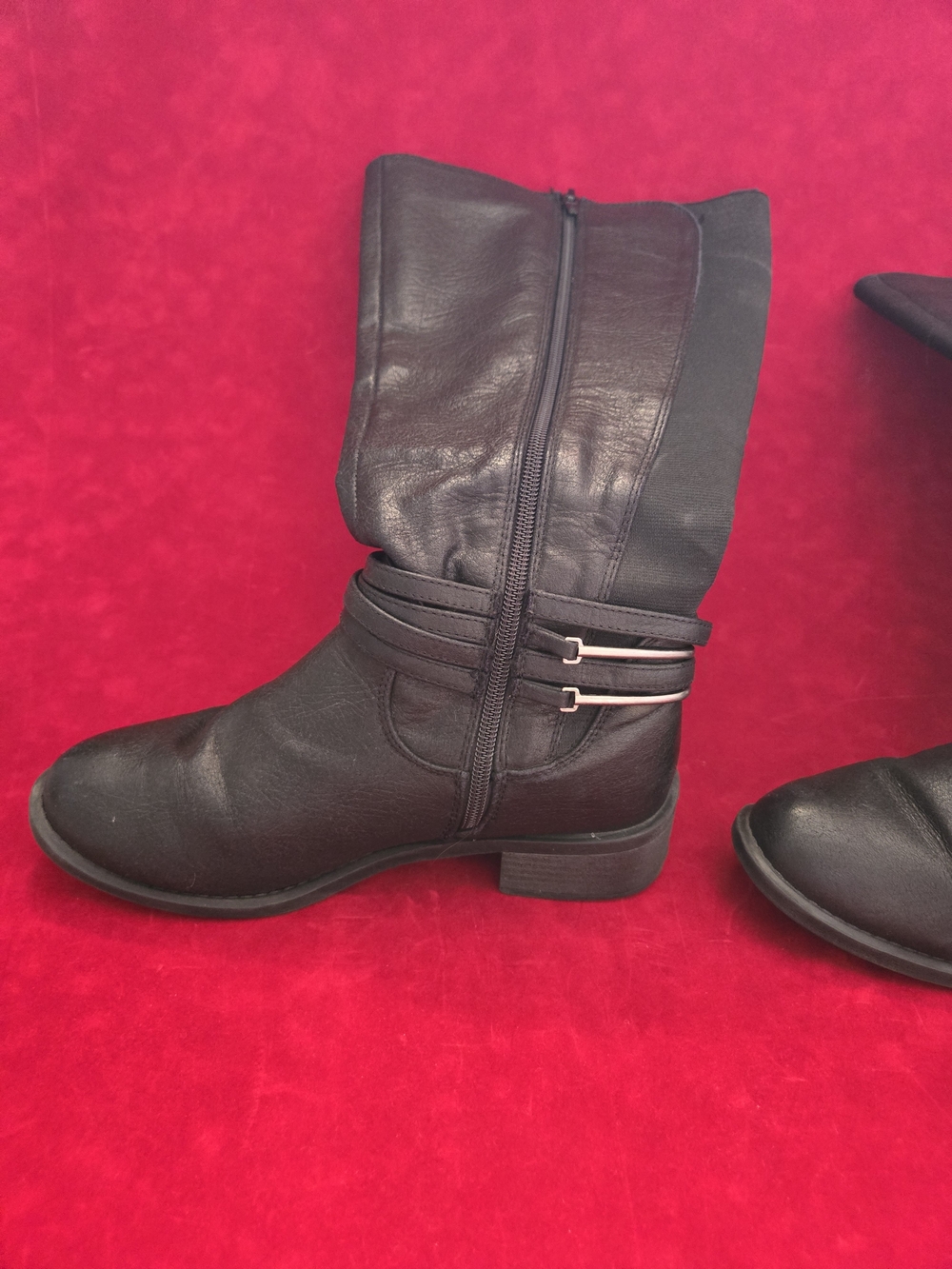 Women’s Black Mid-Calf Zipper Boots with Decorative Straps